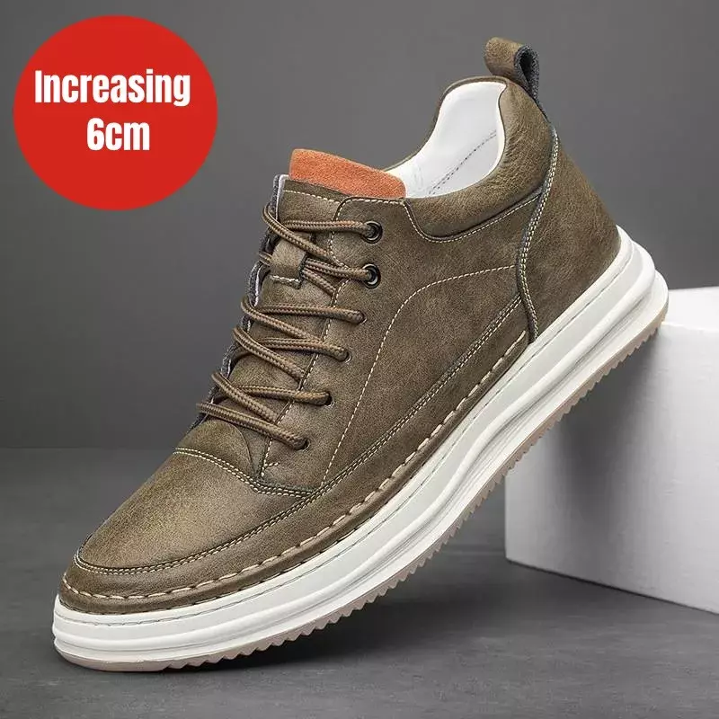 Lift 6CM Leather Shoes Autumn Invisible Inner Elevated Zapatillas De Deporte for Men Casual  Black Board Elevator Sneakers