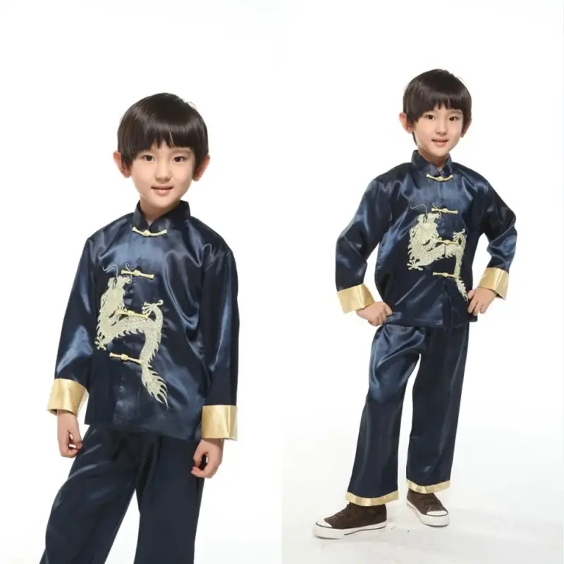 Kids Chinese Style Tang Suit Dragon Embroidery Boy Girl Children New Year Party Outfits KungFu Traditional Oriental Clothing Set