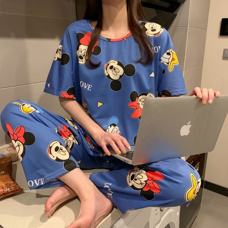 Disney-Pyjama imprimé Minnie pour femme, dessin animé, mignon, manches courtes, pantalon, mince, costume 2 pièces, vêtements de maison décontractés, été