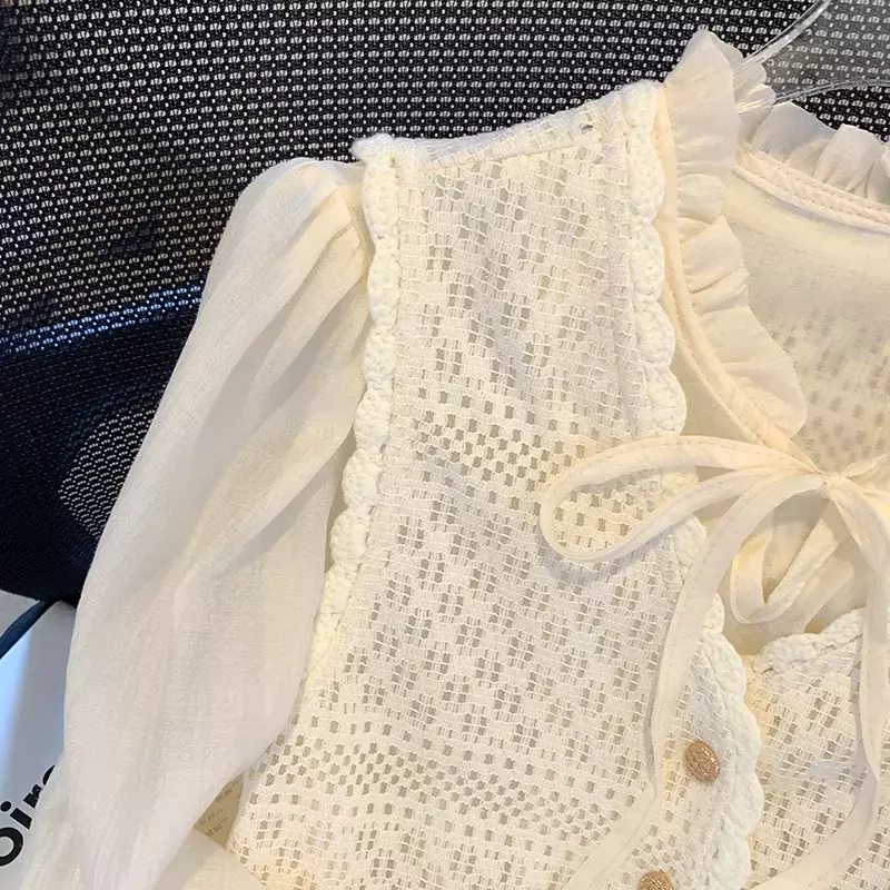 DAYIFUN-Falso Blusas de Duas Peças Define Mulheres Casual Tops Elegante Doce O Pescoço Lace-up Camisa Sólida Senhora Único Breasted Outono 2024