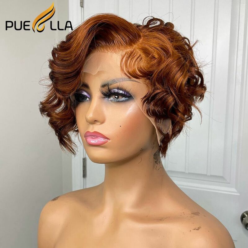 Perruque Bob Lace Frontal Wig 360 naturelle, cheveux humains, coupe Pixie, Loose Wave, couleur brun gingembre, partie latérale, pour femmes noires