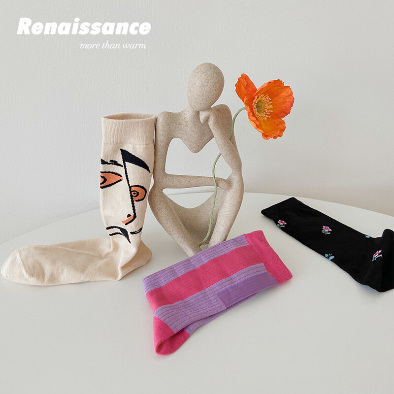 Retro Geometric Cartoon Flowers Printed Girls' Socks Autumn New 3pcs/lot Children's Patchwork Cotton Mid-Thigh Socks