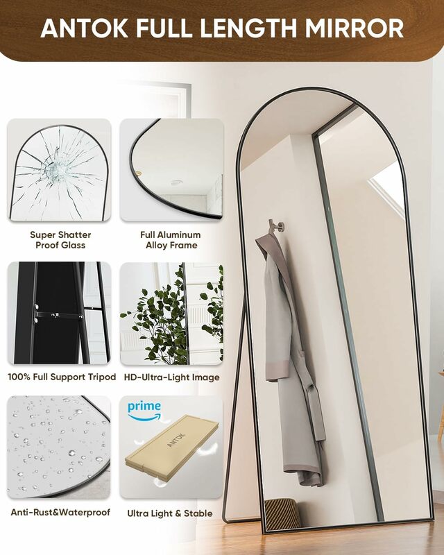 71"x32" Arched Full Length Mirror with Stand Floor Glassless Aluminum Alloy Frame Wall or Floor Placement High-Definition