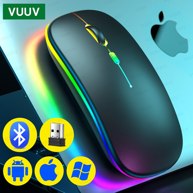 VUUV-Mouse sem fio recarregável para Macbook Laptop, Computador, Tablet, 1600DPI, 2.4GHz, Luz de fundo, Bluetooth, Acessórios