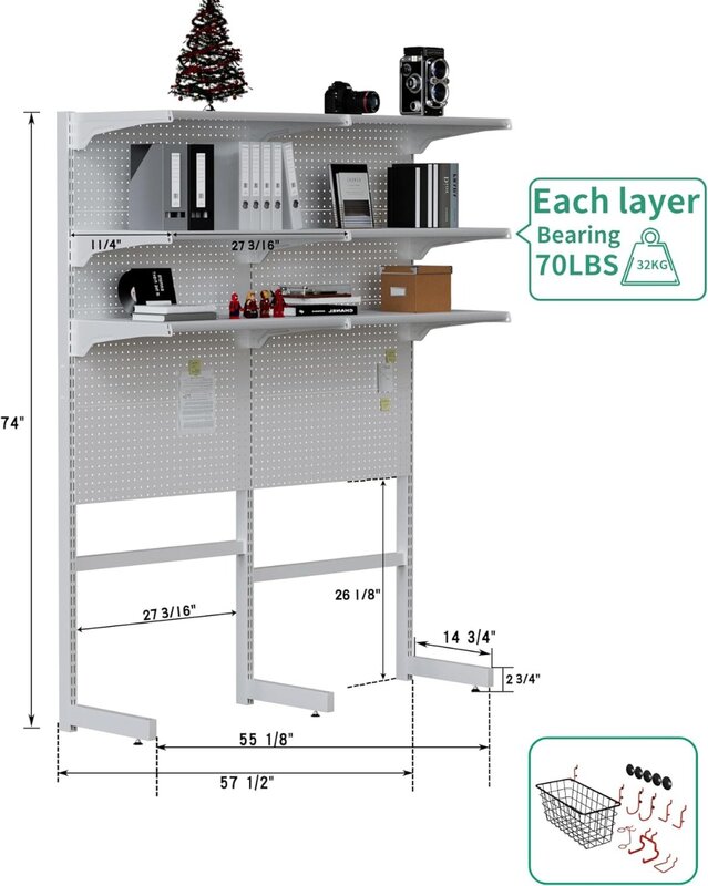 Standing Shelf Unit White Home Office Garage Cabinets with Metal Pegboard and 15 Pieces Organizer Tool Holders