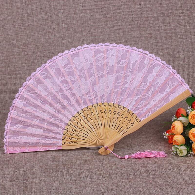 Lace Tassel Handheld Fan Vintage Hollow Wooden Bamboo Silk Fan Chinese Folding Fan Portable Summer Hand Fan Elegant Fans Gifts
