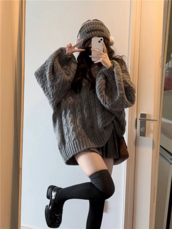 2022 styl Casual prosty sweter nowy Retro jednolity kolor nadwymiarowy sweter moda szary luźny sweter w szpic kobiet koreański