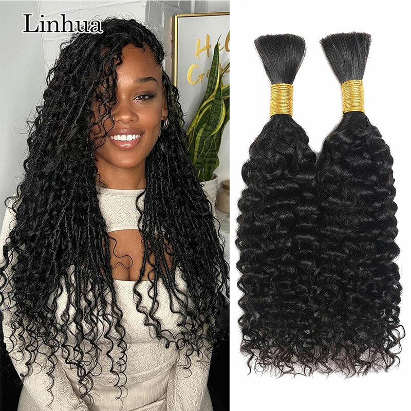 Linhua Curly Human Traiding Hair, Boho Knotless Tranças, Crochet Micro Bohemian Tranças, Double Drawn, Bulk Hair, 1B Natural Color