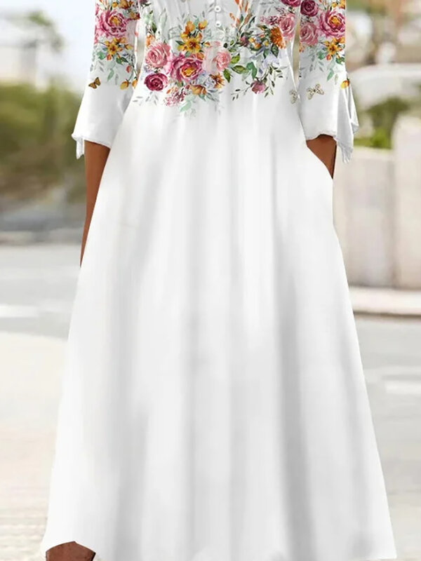 Patchwork Flowers Printing Pocket Dresses Summer Women Casual Streetwear Long Dress Femme V Neck Sleeved Vintage Dress Vestidos
