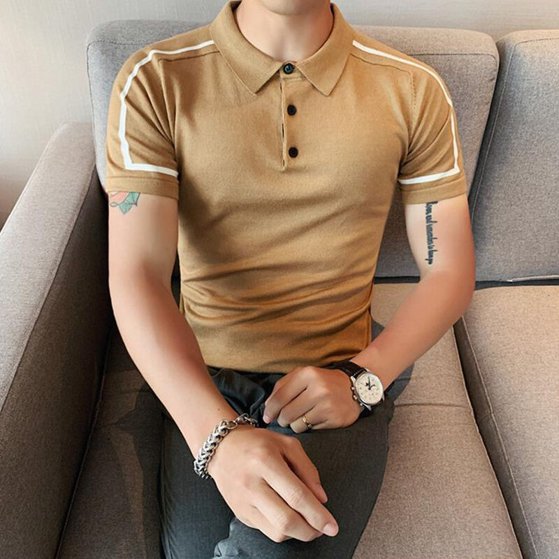 Korean Slim High-end Fashion Simple Color Striped Polo Shirt Men Lapel Button Casual Versatile Summer Ice Silk Short Sleeved Top