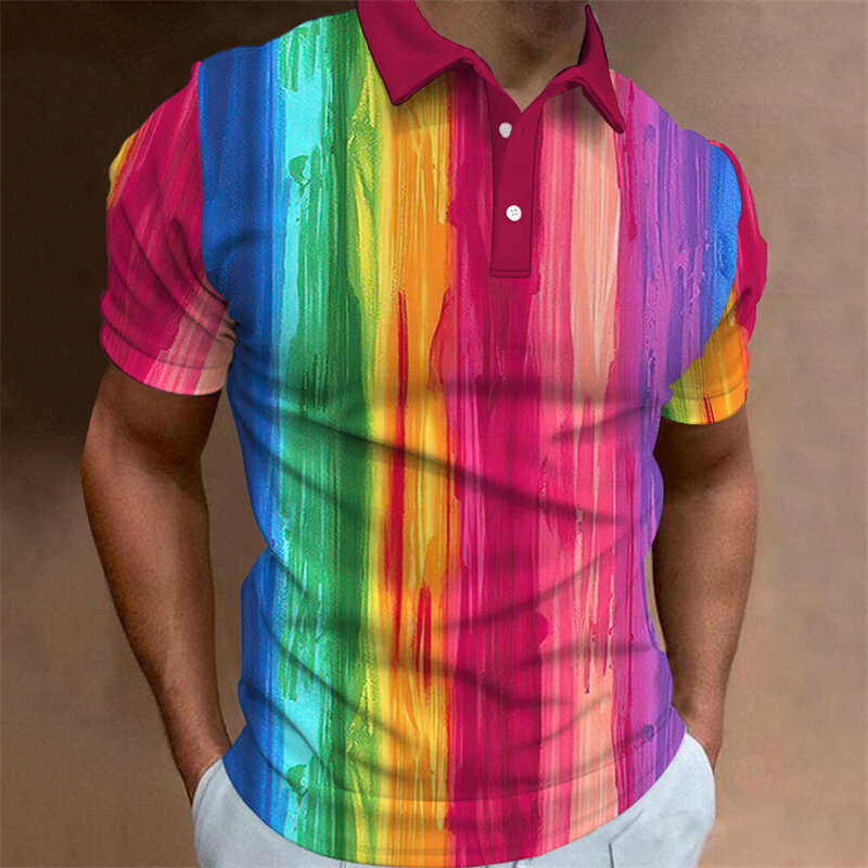 Camisa polo com estampa listra Graffiti 3D colorida masculina, camisas de manga curta com lapela, blusa casual de golfe, botões Tops, moda
