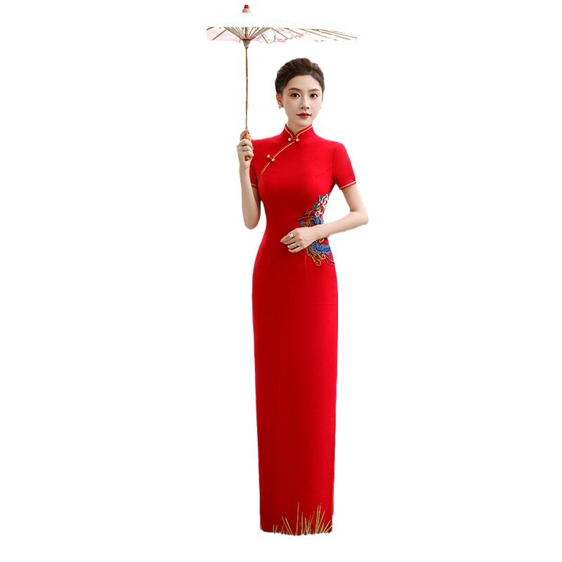 Cheongsam bordado vermelho para mulheres, vestido chinês Qipao, vestido de festa, vestido longo, divisão alta, cetim, casamento nupcial, plus size, 5XL