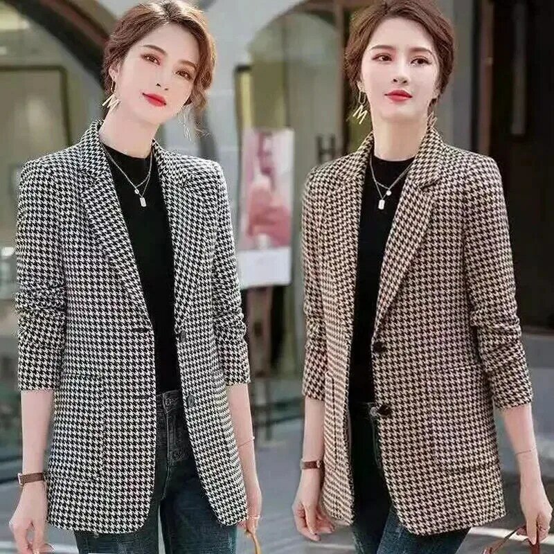 Qianniao-Blazer à grille pour femme avec poches minces, manteau imbibé, haut d'extérieur femme, nouvelle édition coréenne, mode printemps et automne 2024