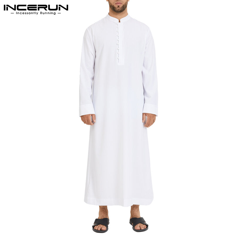 INCERUN Muslim Men Jubba Thobe Kaftan Solid Color Long Sleeve Fashion Thin Robes Stand Collar Islamic Arabic Men Caftan S-5XL