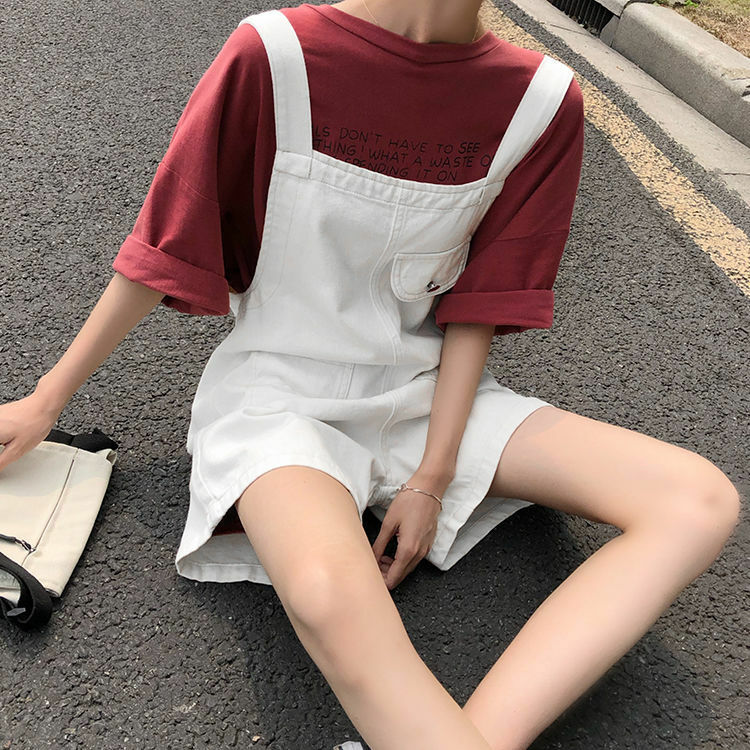 Braces Pants New Korean Version Of Denim Bib Female Summer Students Loose Plus Size Wide-Leg Pants Age-Reducing Siamese Shorts