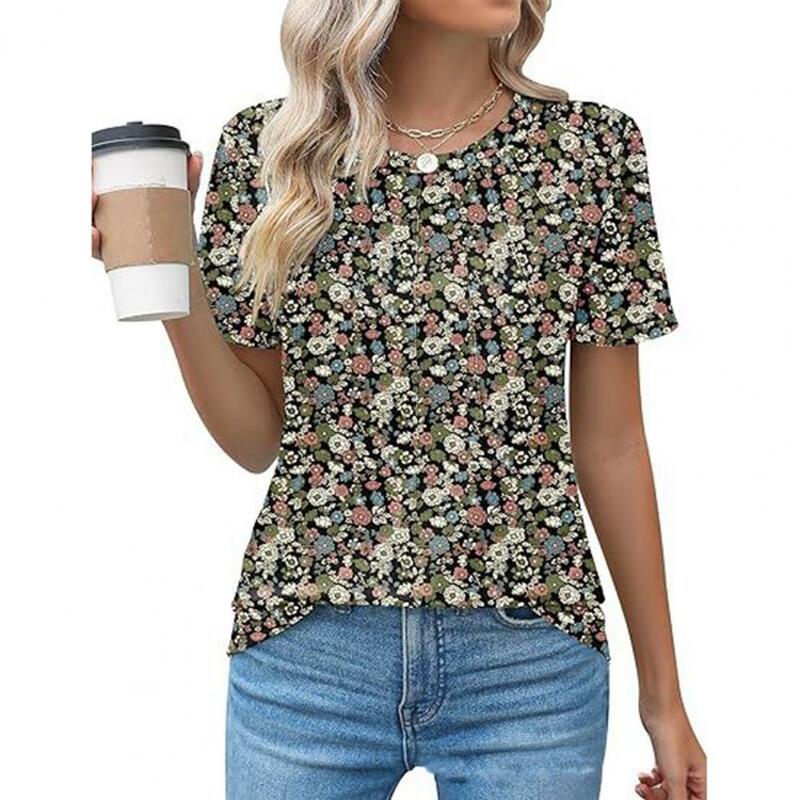 Camiseta feminina com gola redonda, tecido elástico, tops plissados, decote em O, camiseta de manga curta, solta para vestir, elegante, verão