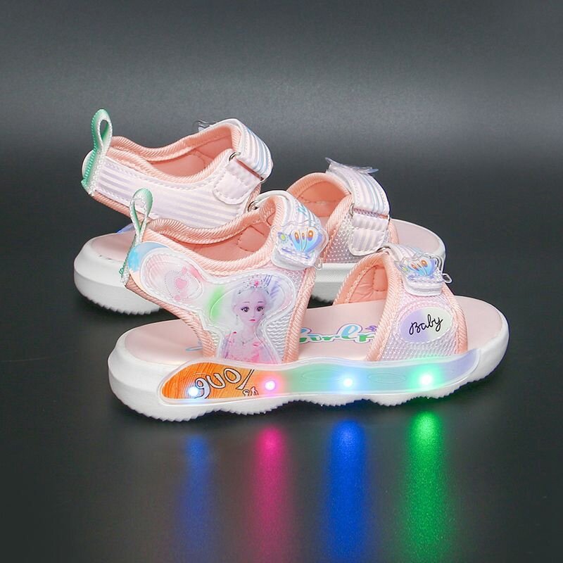 Girls' Cartoon Frozen Princess Sandals, Luz LED, Luminosa, Criança, Praia, Interior, Casa, Sapatos de Banho, Bebê, Crianças, Novo, Verão