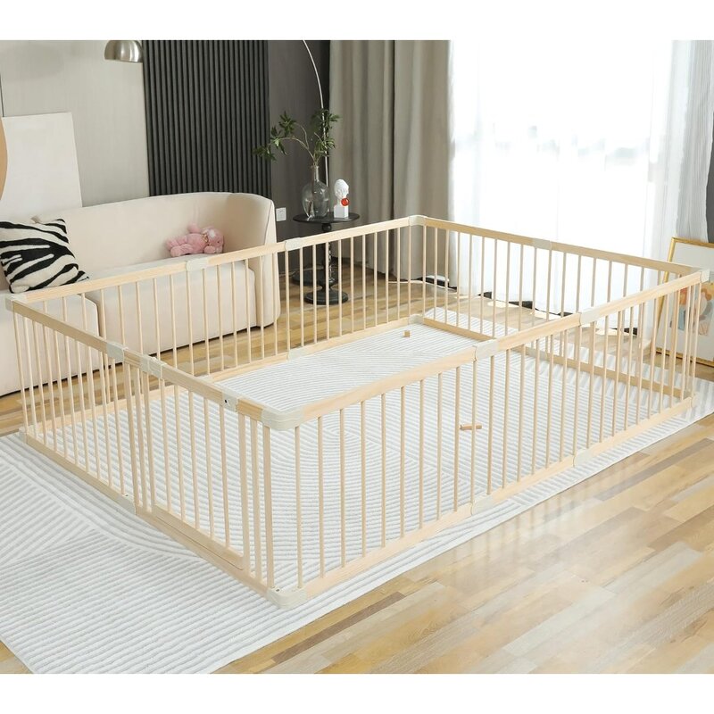 Baby Playpen Play Fence Gate Play Pen Wood Large,Playpens for Babies and Toddlers Kids Indoor,Baby Play Yards Gym