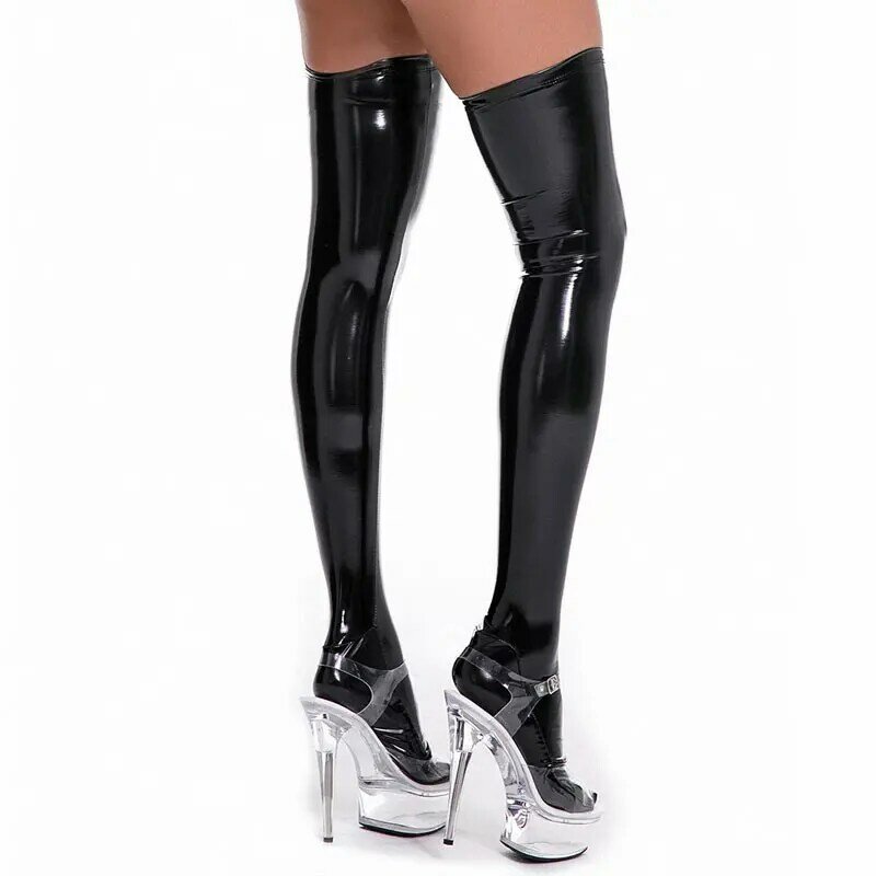 Óleo de couro de patente brilhante coxa meias altas m - 3xl feminino sexy pole dance club festa meias de látex wetlook tamanhos grandes