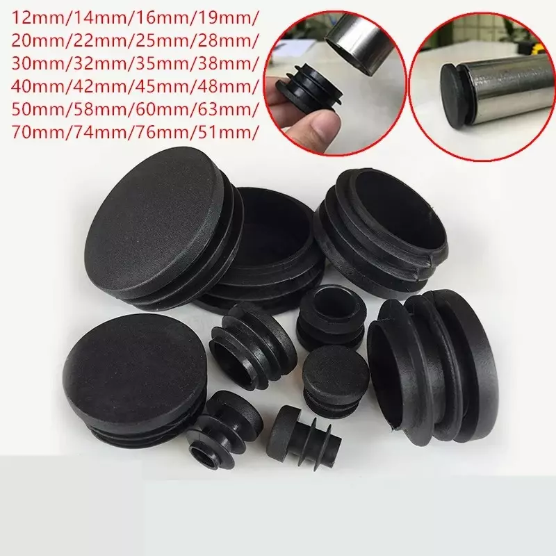 Tapón de tubo redondo de plástico PE negro, almohadillas antideslizantes para pies, tapones de sellado, cubierta de 12mm, 14mm, 16mm, 19mm, 20mm, 22mm, 25mm, 28mm, 30mm-60mm