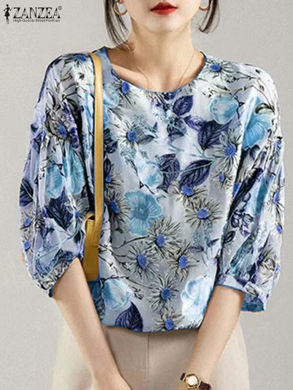 ZANZEA-Blusa floral estampada com o pescoço para mulheres, manga lanterna feminina, túnica elegante, camisa casual, diária, verão, 2022