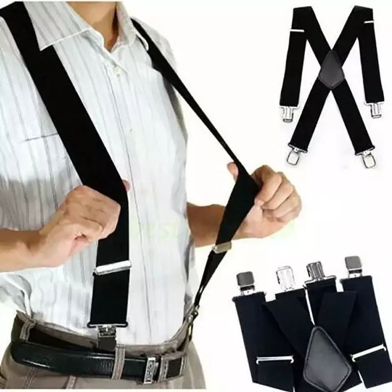 Celana Suspender lebar pria, kawat gigi Suspender tugas berat X klip kuat dapat disesuaikan 4 elastis