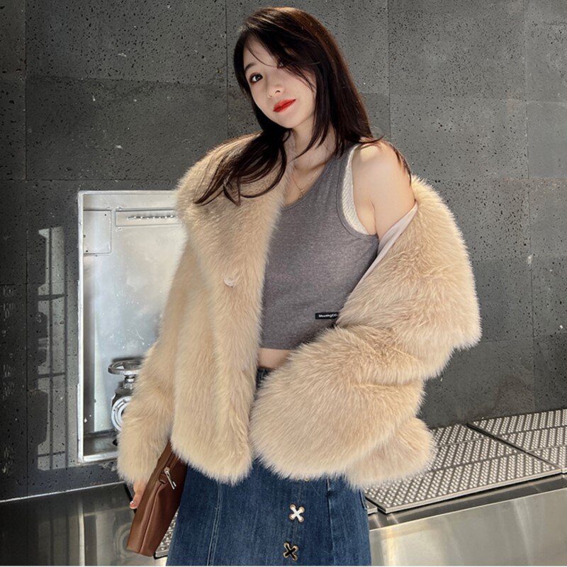 Jaket bulu buatan untuk wanita, mantel kardigan bulu Lapel besar gaya Korea elegan musim gugur musim dingin 2023