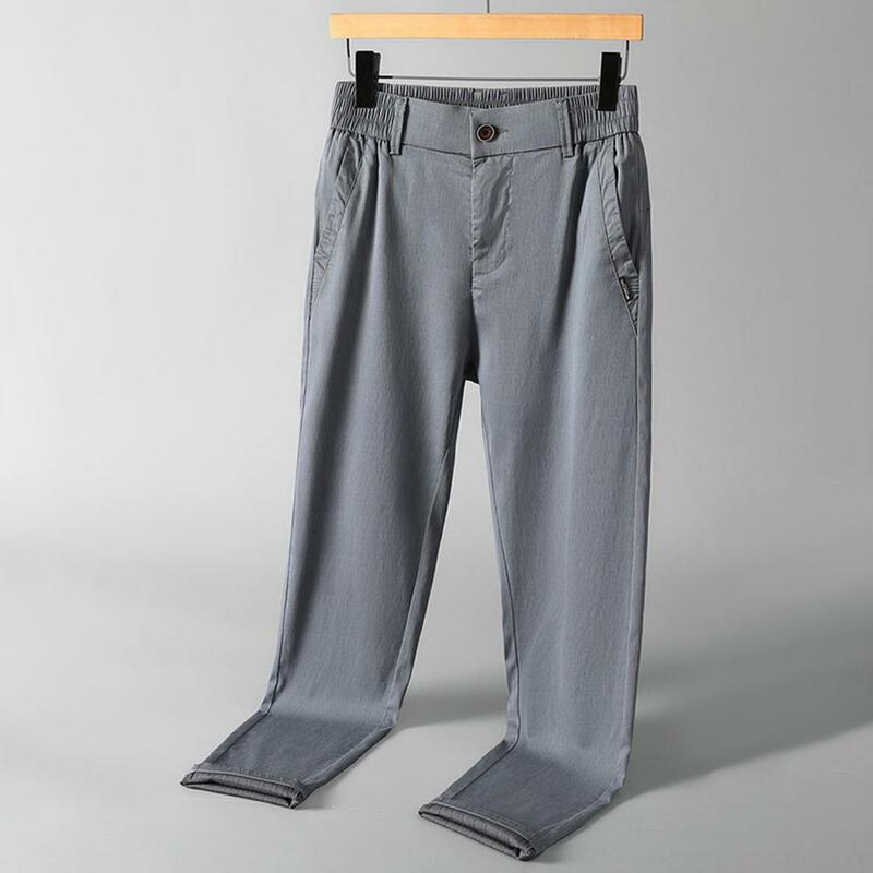 Celana panjang pria, celana panjang ritsleting untuk perjalanan kasual, penutup kancing samping dengan pinggang elastis, kain pendingin