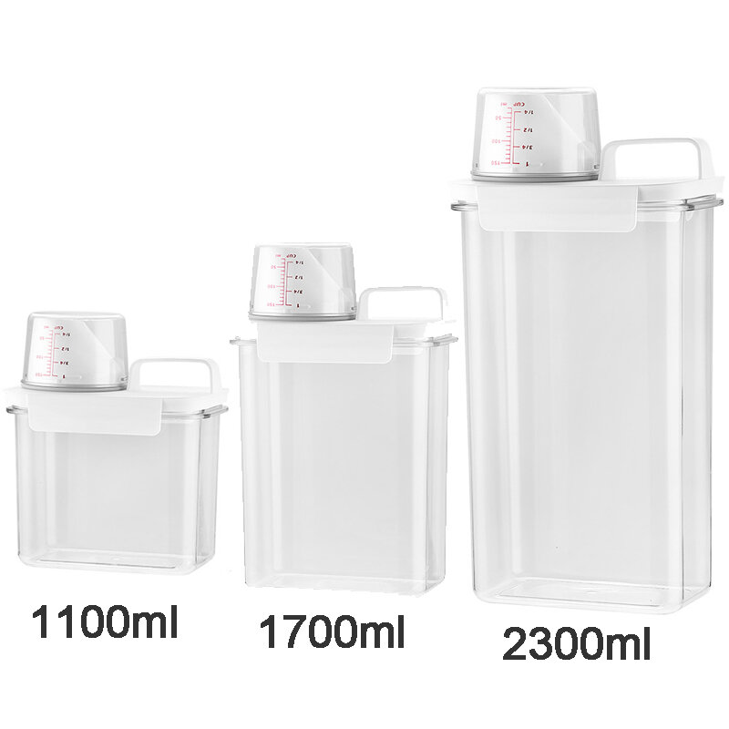 Boîte de rangement hermétique pour détergent à lessive, récipient transparent avec tasse à mesurer, pot de céréales en plastique polyvalent