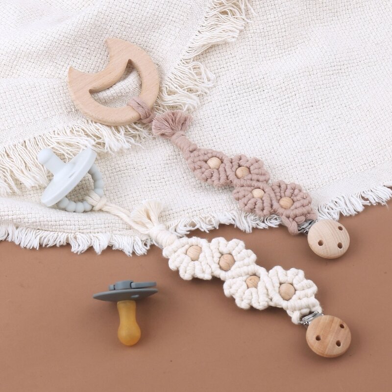 Vintage Crochet Flower Baby Pacifier Clip Handmade Cotton Rope Beech Wooden Beads Nipple Holder Anti-drop Dummy Soother Clips