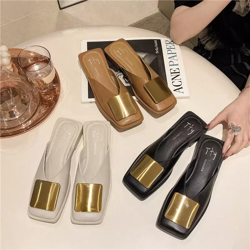 Comemore Metal Buckle Mules Women Flat Square Toe Shallow Shoes Outdoor Slides Female Casual Sandals Women's Slippers Fashion