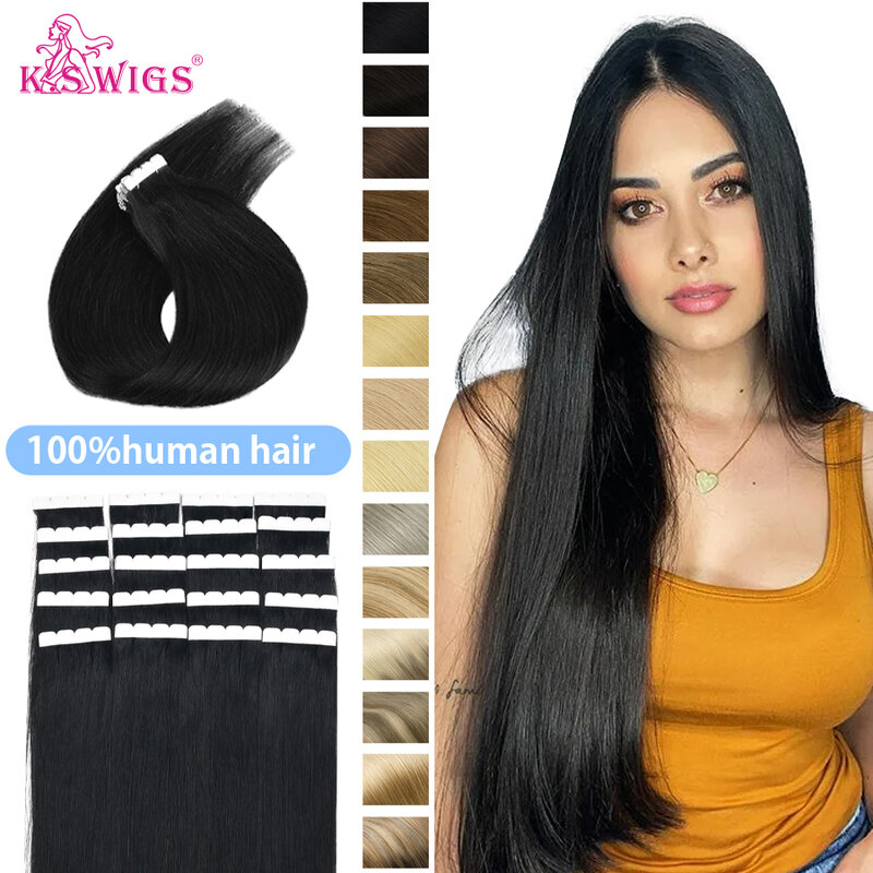 K.S Wig Mini Tape Dalam Ekstensi Rambut Manusia Natural Black Brown Real Human Hair Straight Mulus Skin Weft Tape On