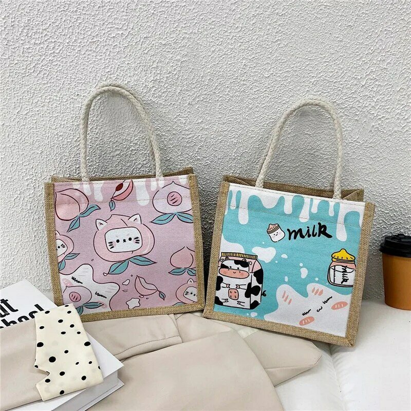Bolso de mano de lino con patrón de dibujos animados para mujer, bolsa de almacenamiento de comestibles de lona, gran capacidad, bolso de viaje, regalo