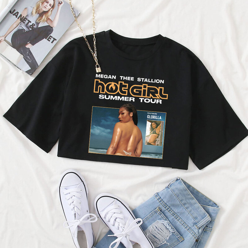 Megan Thee Hengst Hot Girl Tour 2024 Navel Bloot Shirt Meisjes O-hals Casual Vrouwen Crop Shirts Voor Fan Cadeau