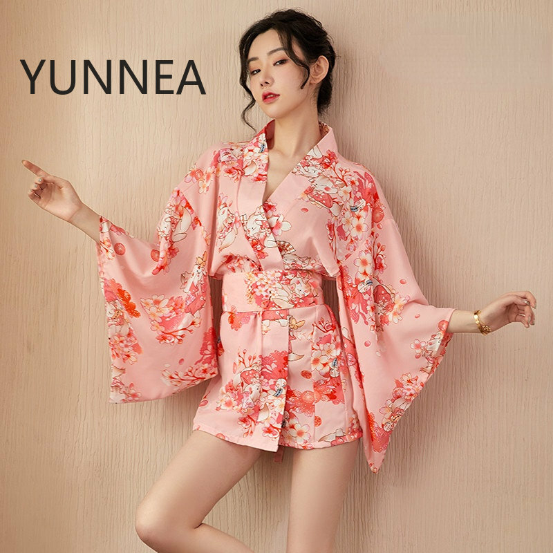 Sexy Lingerie New Japanese Printed Chiffon Waist Kimono Passionate Uniform Set Bathrobe