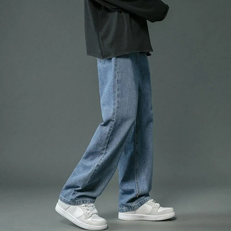 Celana Denim kaki lurus untuk pria, celana Denim kaki lebar gaya Hip Hop, celana Jeans dicuci dengan saku warna Solid musim semi untuk pria