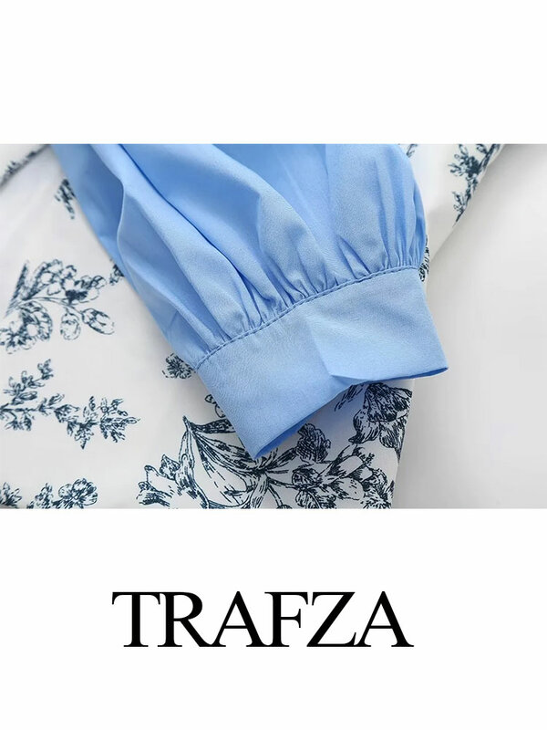 TRAFZA Summer Women's Retro V-neck Printed Splicing Long Sleeve Shirt Street Tops Elegant Women's Single-breasted Casual Shirt