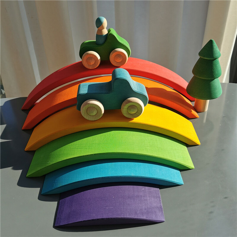 Holz Montessori Spielzeug Regenbogen Stapeln Brücke Linde Autos Lkw Wald Bäume für Kinder Pädagogische Blöcke