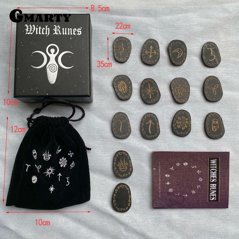 1 set Set kayu Runes Set batu penyihir set Rune 14 buah terukir simbol sajak untuk ramalan panas