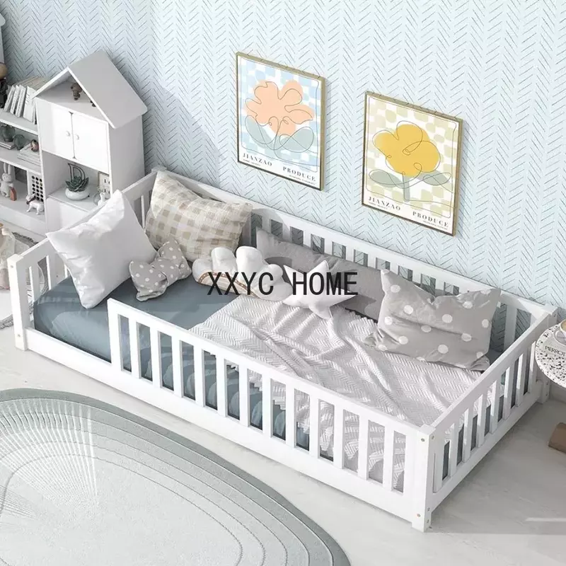Marco  cama  piso  tamaño doble con valla  seguridad y listón  mara, cama  piso Montessori  mara para niños,