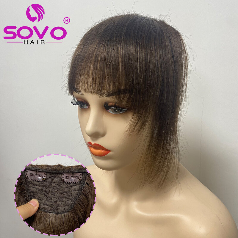 Flequillo de cabello humano para mujer, extensiones de cabello marrón, 2 Clips, 3D, corte Romo, Natural