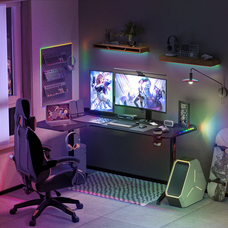 Duże biurko do gier z stojące biurko w kształcie L, 60 Cal, stojące stojące na narożnik biurka z światła LED RGB do domowego biura komputerowego
