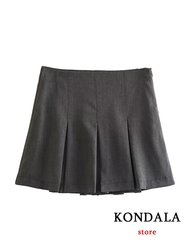 KONDALA Vintage Dark Grey Mini Skirts Women Ruffles Pleated Sexy Shorts Skirts Female Fashion 2024 Streetwear Mujer Faldas