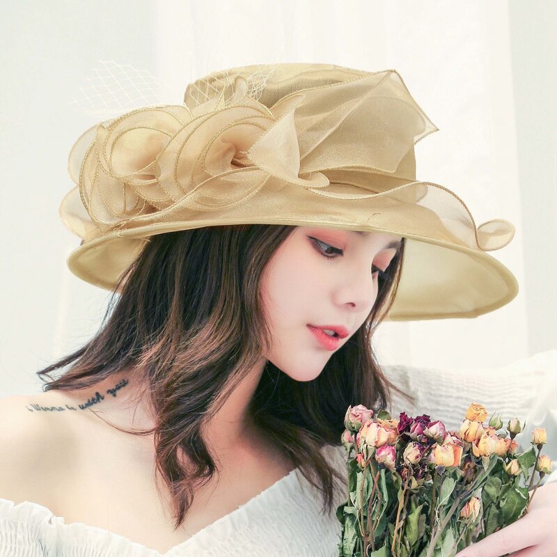 Elegant Bow Lady Hat Summer Organza Wide Brim Sunscreen Kentucky Derby Hats For Women Church Wedding Beach Sun Cap Foldable