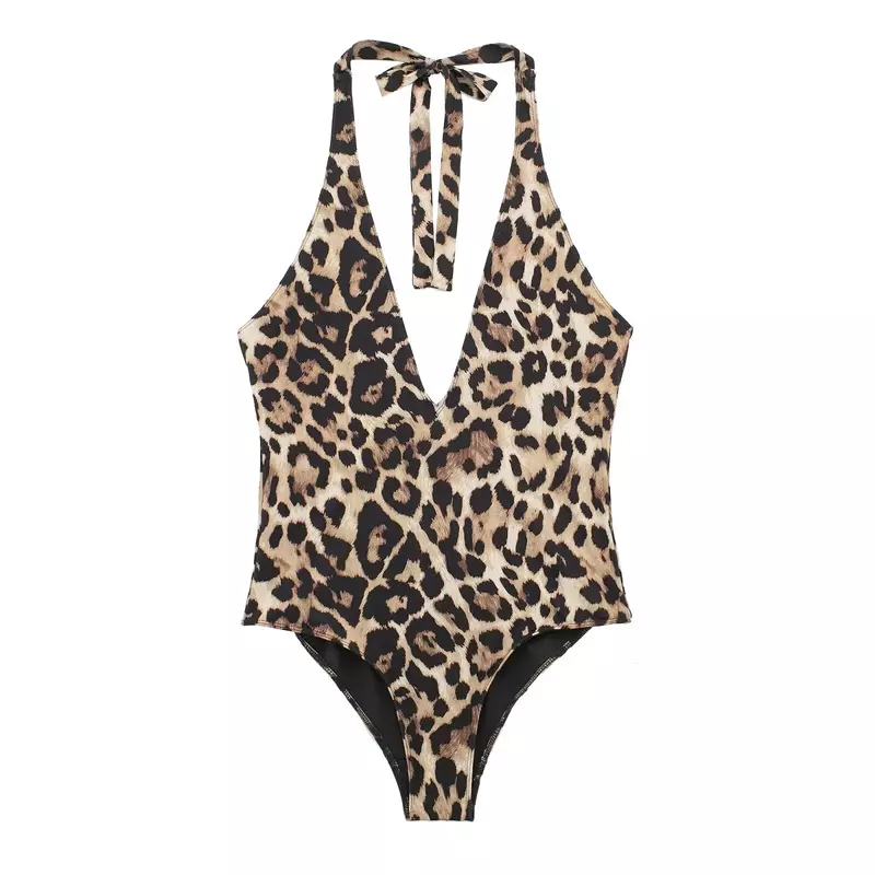 Women 2024 New Chic Fashion Backless Soft Touch Leopard print hanging neck Mini swimsuit  Female