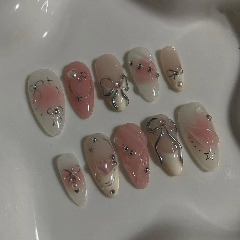 Накладные ногти ручной работы во французском стиле, румяна, розовые накладные ногти, 3D дизайн с бантом из сплава, Звездный декор, носимые накладные ногти, накладные ногти для девушек Y2k