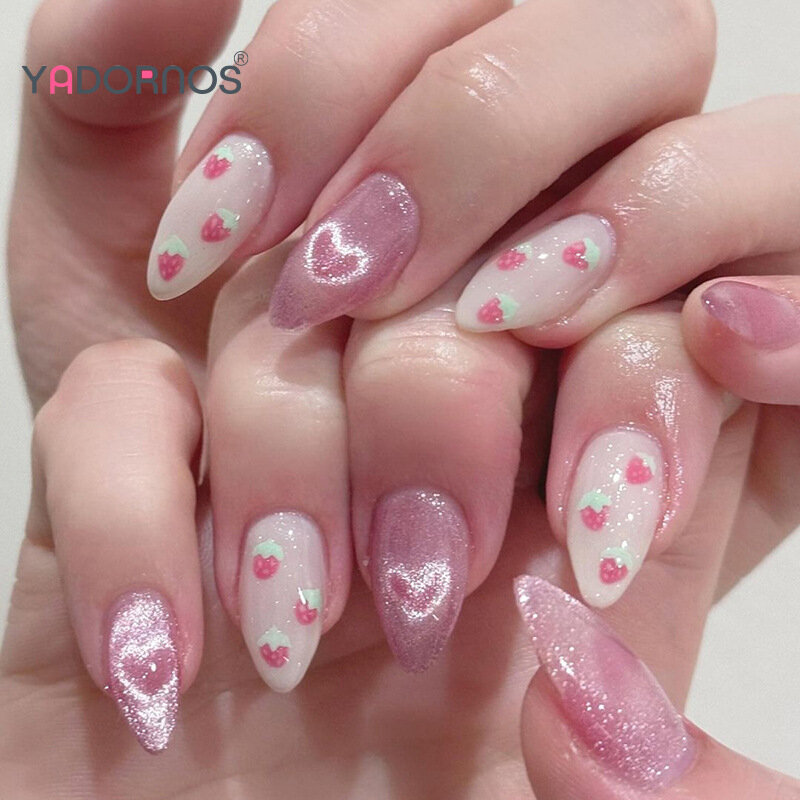 Różowa truskawkowa prasa na paznokciach błyszczące kocie oczy sztuczne paznokcie uwielbiają serce wzory migdałowe do noszenia do paznokci tipsów do Manicure dla kobiet