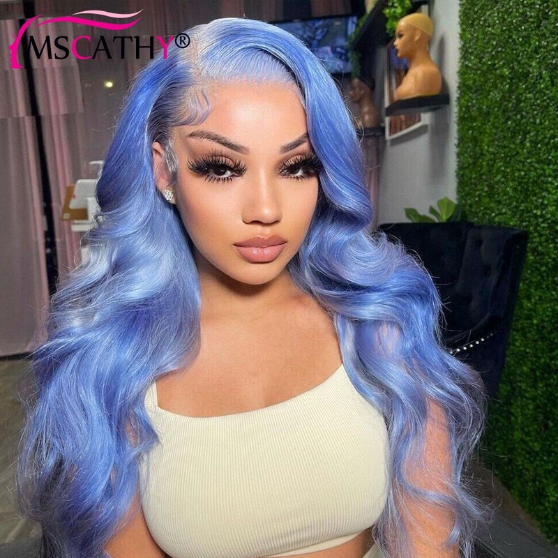 Peluca de cabello humano virgen brasileño para mujer, postizo de encaje frontal transparente 13x4, color azul lago, con densidad de 150%