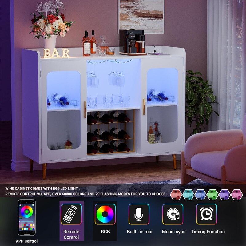 Liquor Cabinet Bar com Power Outlet e Luz LED, Wine Bar Cabinet com Wine e Copos Rack, Coffee Bar Cabinet