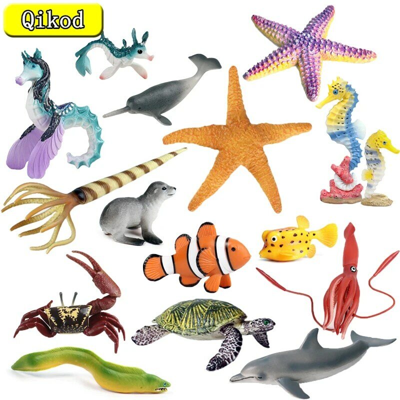 Hot Brinquedos marinhos para crianças, animais Figurines, Starfish Seahorse Squid Electric Eel Dolphin Fish Crab Action Figure, Presente brinquedo educativo